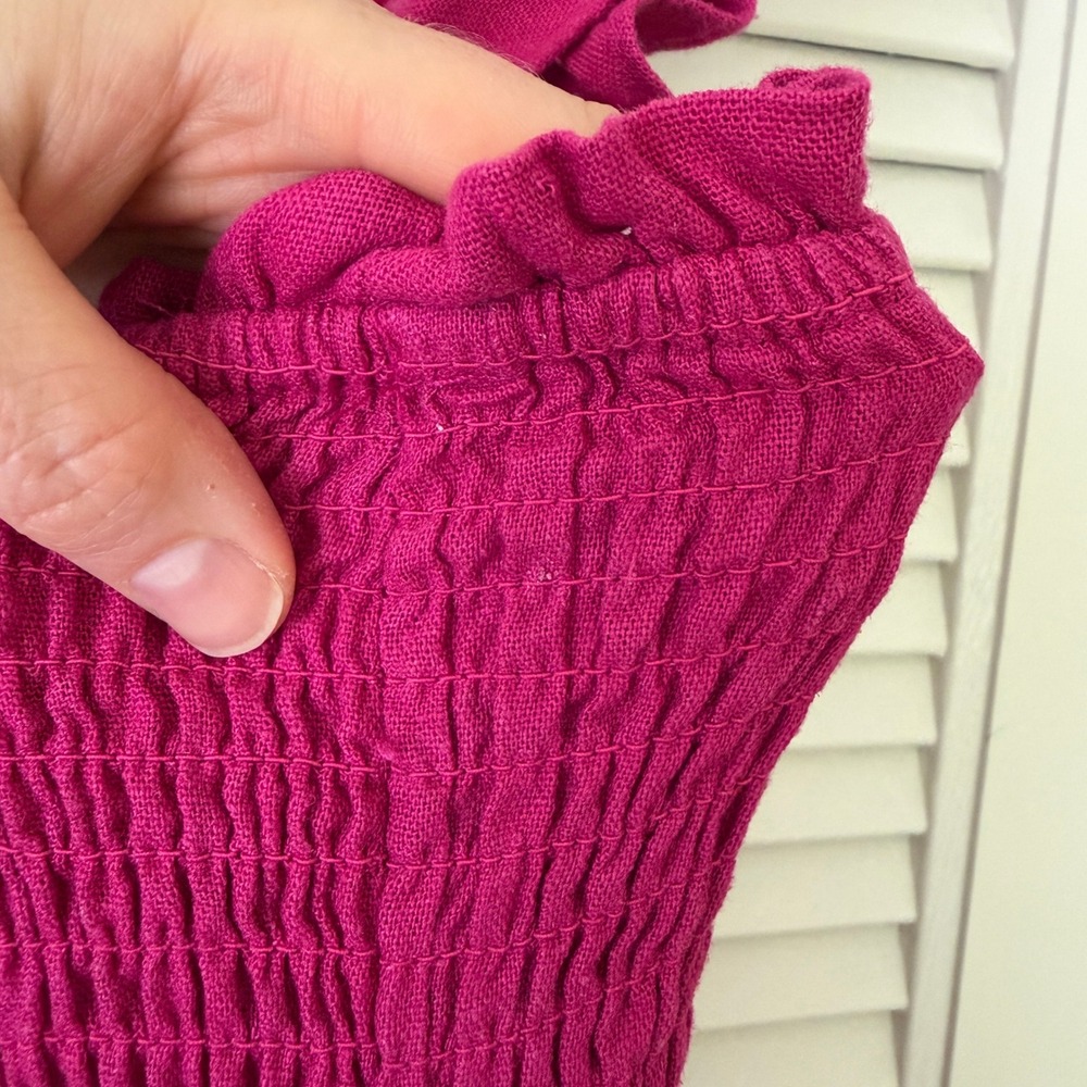Anthro x Avec Les Filles Tiered Linen Dress Smocked Sz 10 Fuchsia Pink Ruffle - Picture 8 of 8